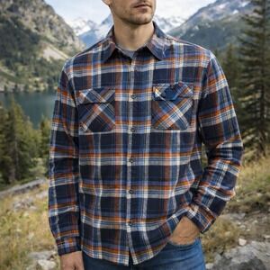 NWT Coleman Large Outdoors Flannel Shirt Blue Orange White Plaid 100% Cotton